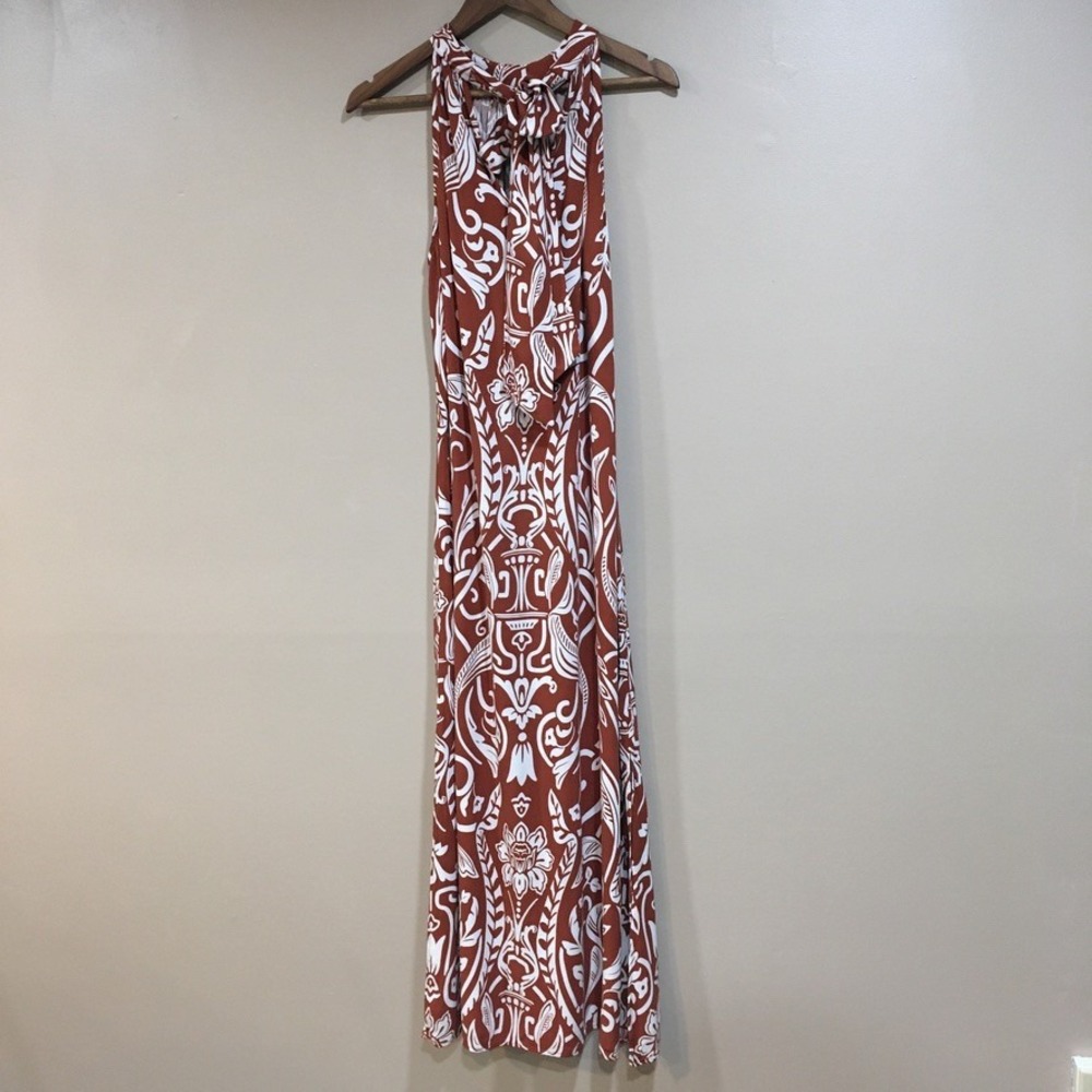 MSK Floral Halter Maxi Dress Womens L Rust Brown Paisley Boho Long Wedding Guest - Picture 6 of 12